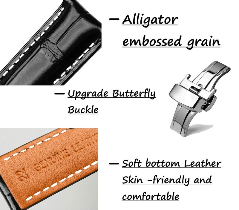 MORANO Moran Quick Release Leather Watch Bands Deployment Butterfly Buckle 18mm 20mm 22mm 24mm Blue Black Brown Calfskin Replacement Watch Strap for Men & Women - Image 5